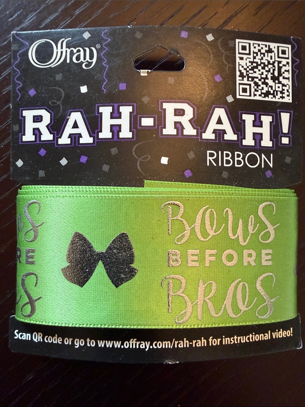 NWT Offray Rah-Rah! “Bows Before Bros” Ribbon Kiwi Green 1.5” x 3 Yards Cheer